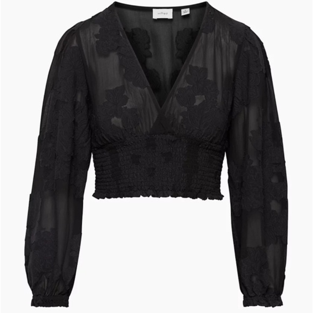 Wilfred Aritzia Wistful Blouse XS Black Floral Sheer Smocked Crop Top